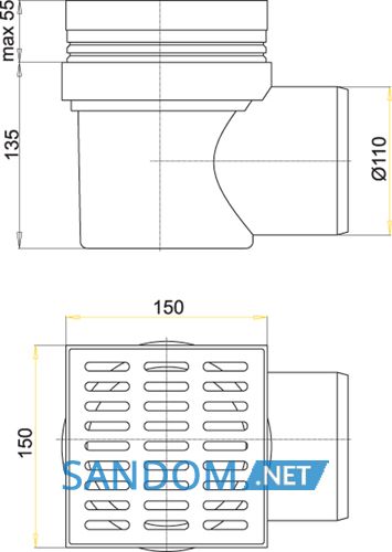 Сливной трап AlcaPlast 150x150/110мм с бок. подвод. металл.