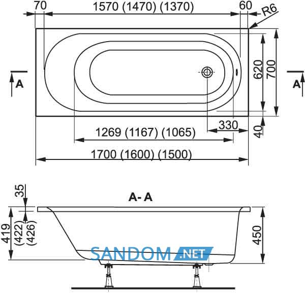 VagnerPlast Kasandra ванна акриловая 170x70см с ножками 