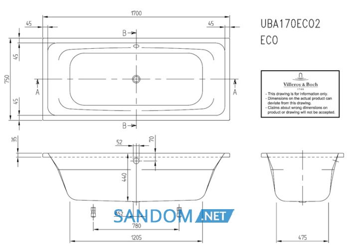 Ванна акриловая Villeroy Boch Targa Style 170х75