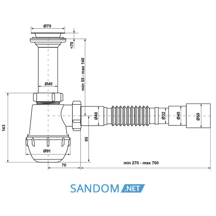 Сифон для мойки Waterstal 1 1/2″ с гофрой 40/50