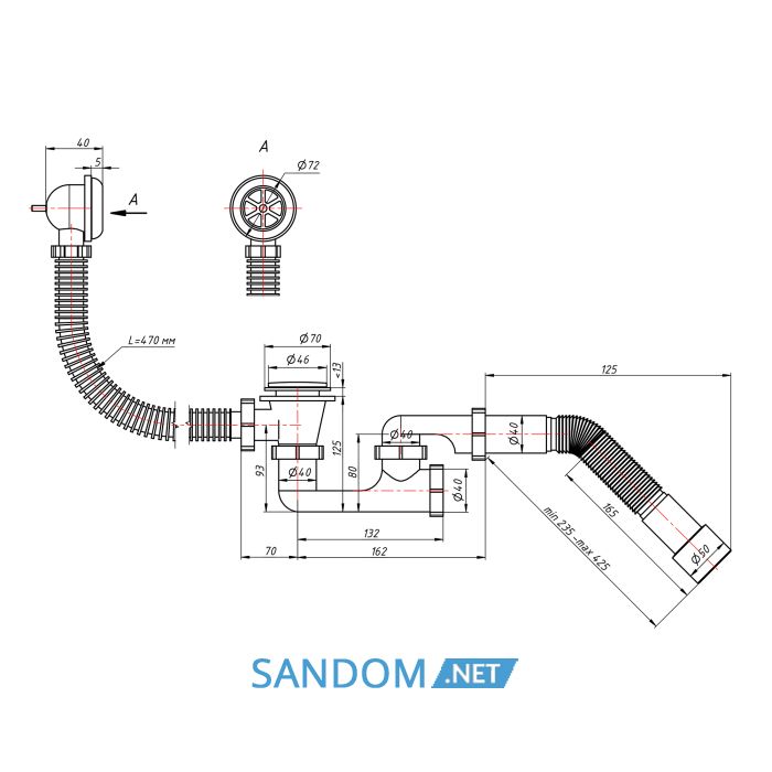 Сифон для ванны Lidz LW01 с пробкой, гофра 40/50