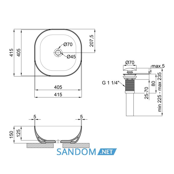 Накладна раковина Qtap Kolibri 41x41 Matt black з донним клапаном QT10112144MBMB