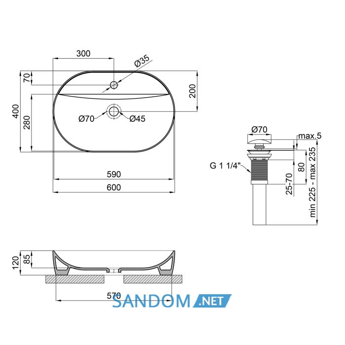 Накладна раковина Qtap Scorpio 61x40 Matt black з донним клапаном QT142203MBMB