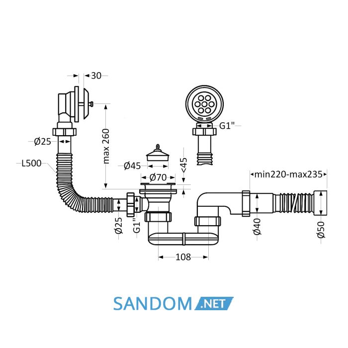 Сифон для ванны Lidz LSW05 с пробкой, гофра 40/50