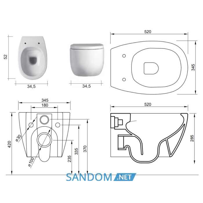 MILK унітаз підвісний Rimless 52 см + сидіння sofl close, колір білий глянець