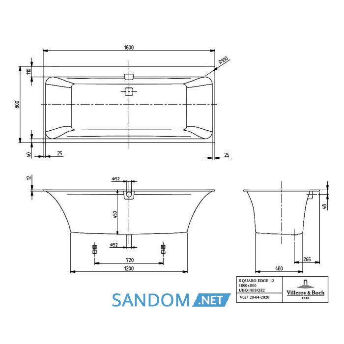 SQURO EDGE 12 ванна 180*80см з ніжками та зливом-переливом, колір white alpin