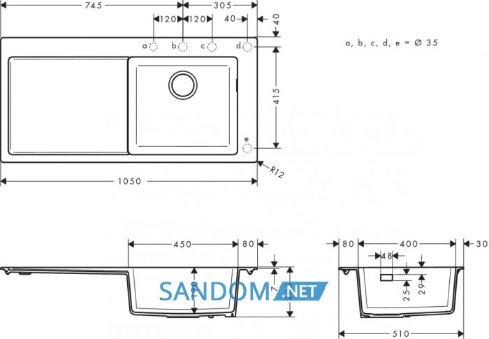 S514-F450 Мийка для кухнi, вбуд. 450, з крилом, чорний графiт
