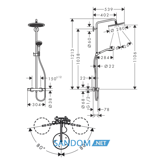 CROMA SELECT S душова система Showerpipe 280, 1jet, з термостатом, з ручним душем Raindance Select S 120, 3jet, полiроване золото
