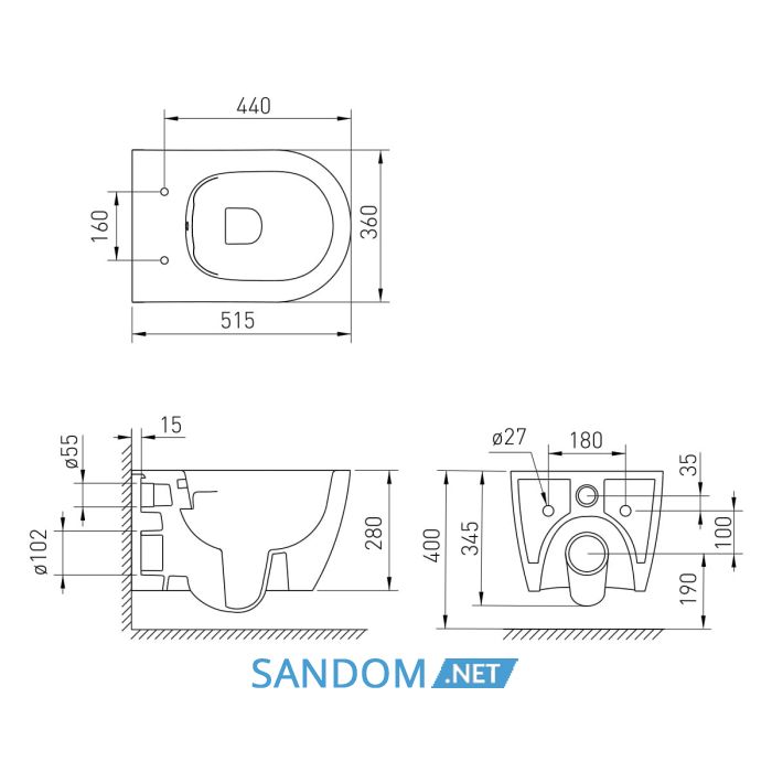 CANTE Rimless унітаз підвісний 51*35,5*33 см, сидіння Duroplast Slim slow-closing, de la antracita
