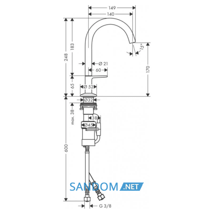 AXOR ONE змiшувач для умивальника, 170, Select, з донним клапаном, хром