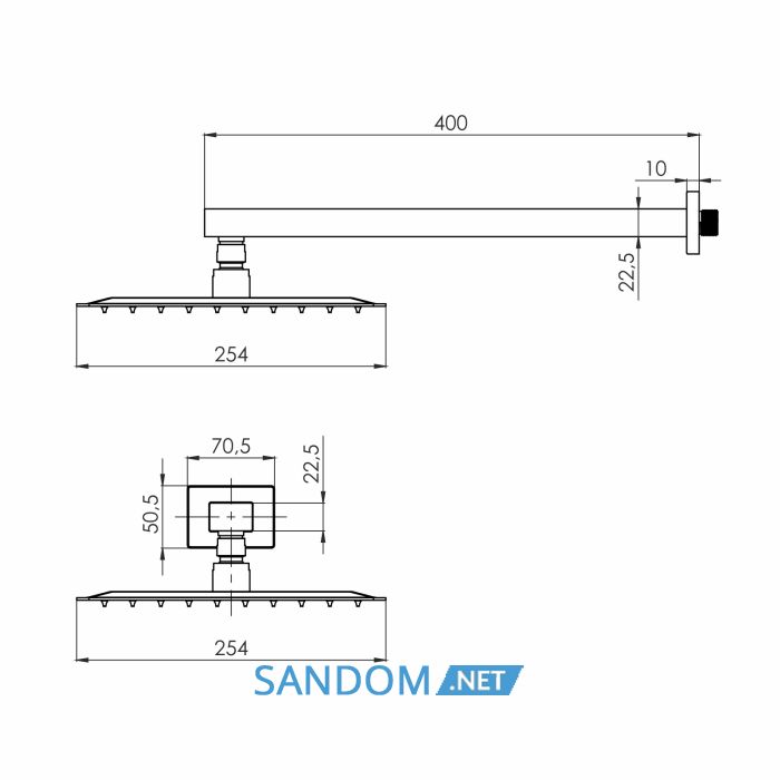 CASCADA R85 душ верхній, 250*250 мм, кронштейн, SS, cepillado oro