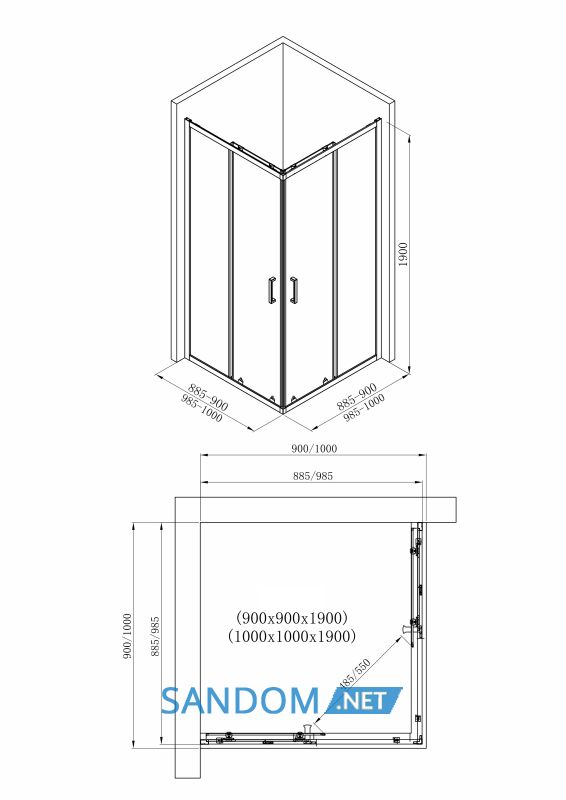VALTICE New душова кабіна квадратна 100*100*190см, розсувні двері, скло прозоре