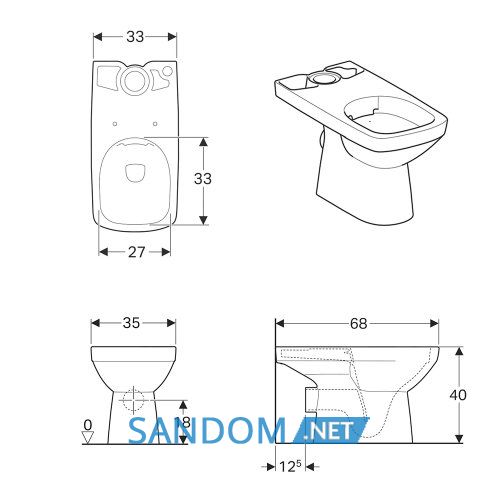 SELNOVA Square унітаз підлоговий Rimfree, воронкоподібний, горизонтальний випуск, під бачок зовнішнього монтажу, напівзакрита форма