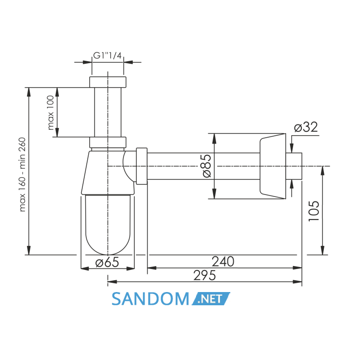 i-SEW Cифон до умивальника з накидною гайкою 1 1/4", пластик хром, пляшковий, зливна трубка d32х250 з розеткою