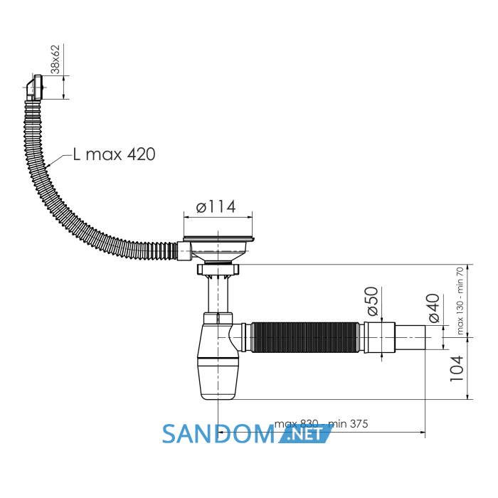 Сифон до одинарної кухонної мийки 1 1/2" зі спаяною гофрою d40/50, випуск d114, гвинт пластик, перелив прямокутний з решіткою
