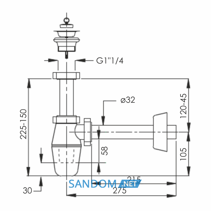 Сифон до умивальника з пробкою 1 1/4", зливна трубка d32x215 мм з розеткою