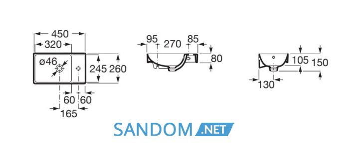 ONA умивальник асиметричний Compacto 45x26 см, з отвором під змішувач, Fineceramic, білий
