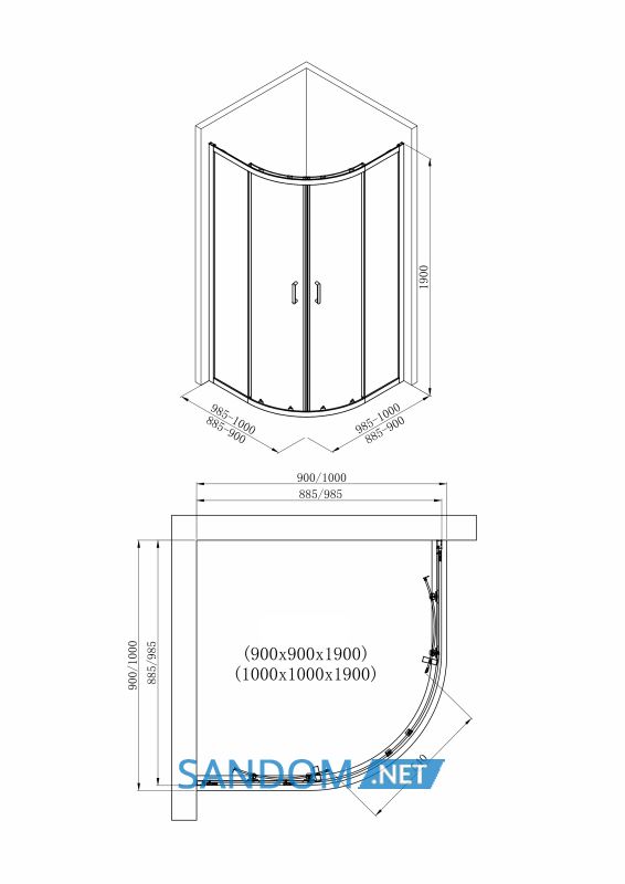VALTICE New душова кабіна кутова 90*90*190см, розсувні, профіль чорний мат, скло прозоре